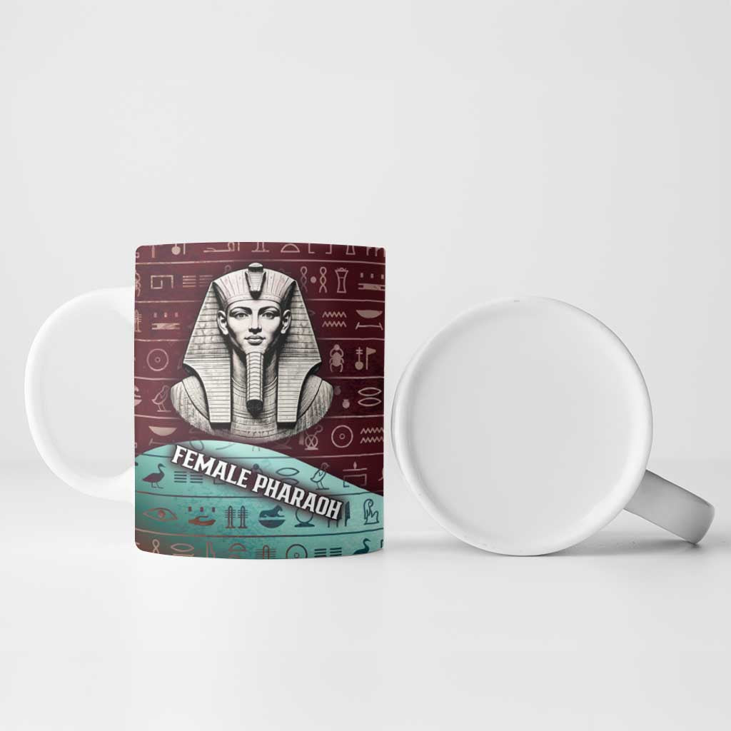Hatshepsut Ceramic Mug with Pharaoh Bust Illustration, Female Pharaoh Title and Egyptian Hieroglyph - African Pride