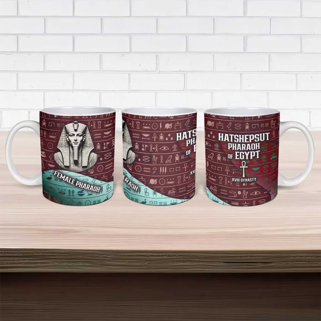 Hatshepsut Ceramic Mug with Pharaoh Bust Illustration, Female Pharaoh Title and Egyptian Hieroglyph - African Pride