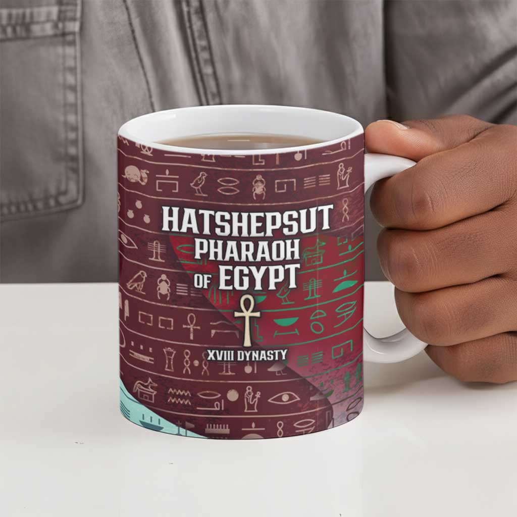 Hatshepsut Ceramic Mug with Pharaoh Bust Illustration, Female Pharaoh Title and Egyptian Hieroglyph - African Pride