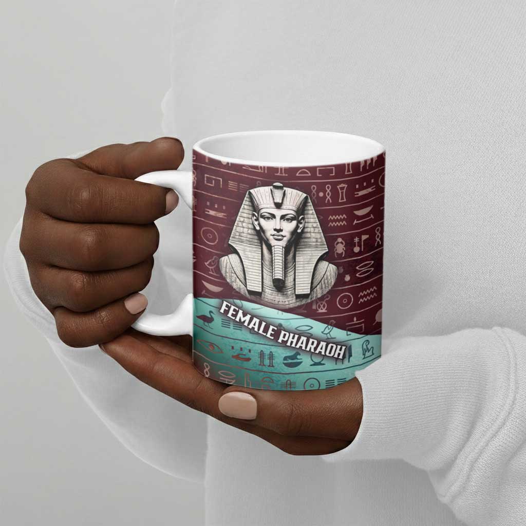 Hatshepsut Ceramic Mug with Pharaoh Bust Illustration, Female Pharaoh Title and Egyptian Hieroglyph - African Pride