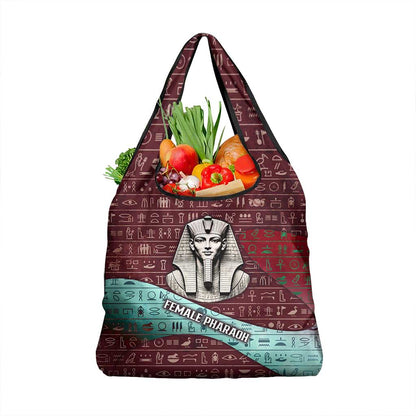 Hatshepsut Grocery Bag with Pharaoh Bust Illustration, Female Pharaoh Title and Egyptian Hieroglyph - African Pride
