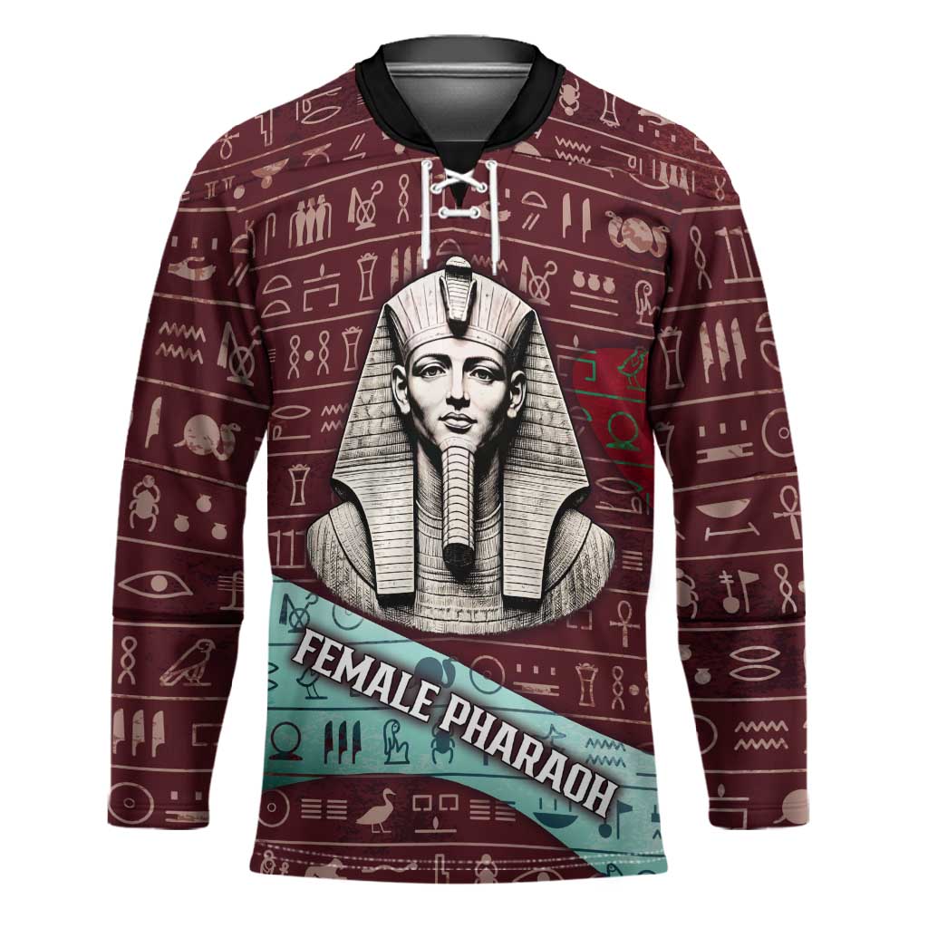 Hatshepsut Hockey Jersey with Pharaoh Bust Illustration, Female Pharaoh Title and Egyptian Hieroglyph - African Pride