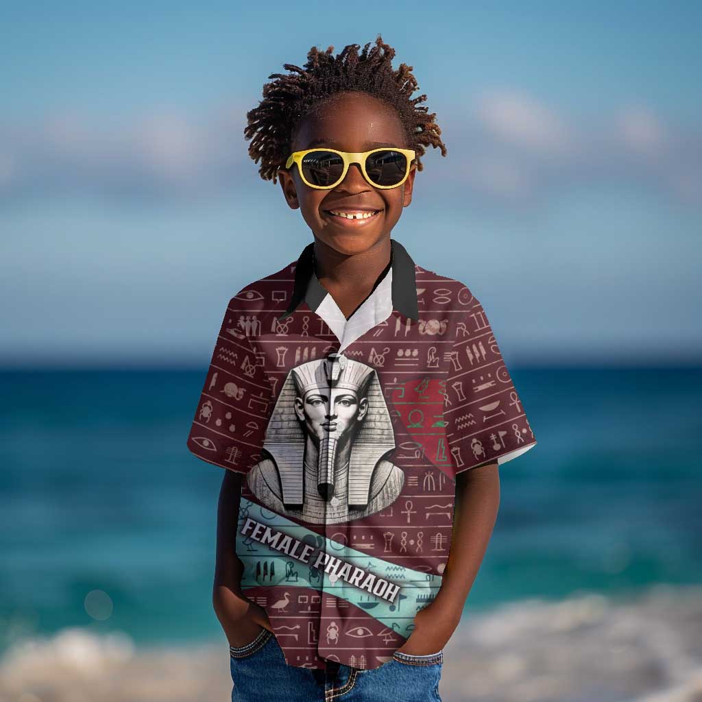Hatshepsut Kid Hawaiian Shirt with Pharaoh Bust Illustration, Female Pharaoh Title and Egyptian Hieroglyph - African Pride