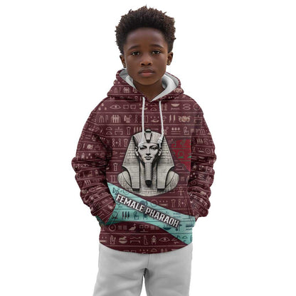 Hatshepsut Kid Hoodie with Pharaoh Bust Illustration, Female Pharaoh Title and Egyptian Hieroglyph - African Pride