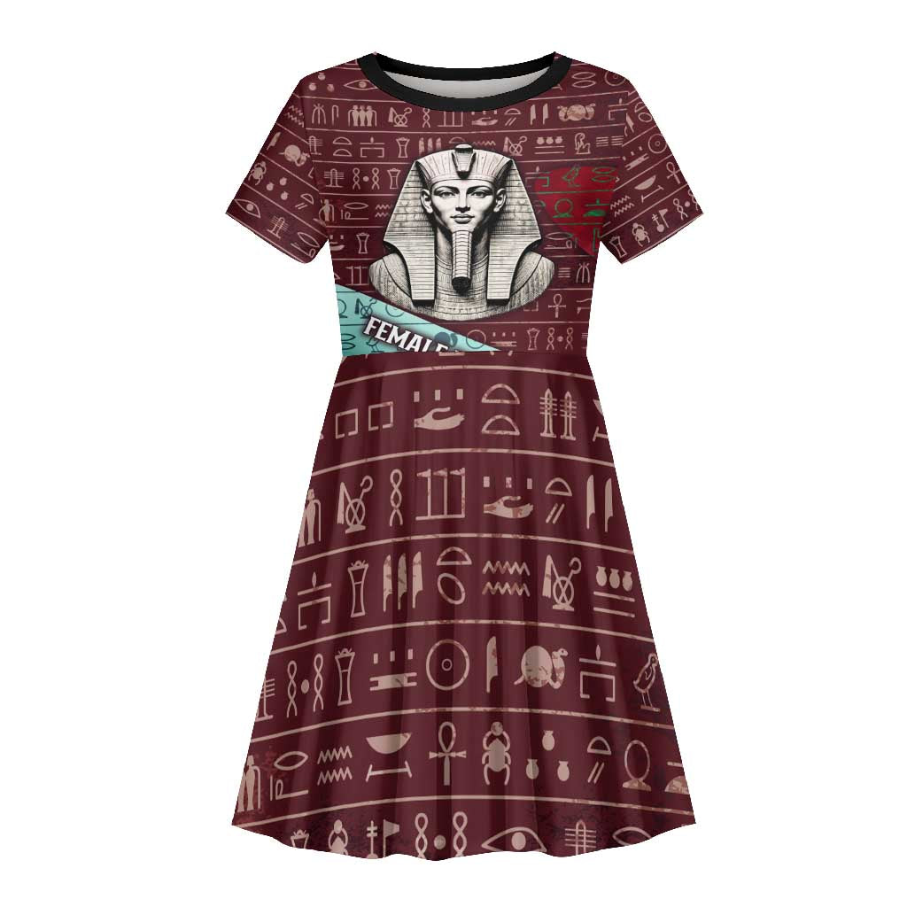 Hatshepsut Kid Short Sleeve Dress with Pharaoh Bust Illustration, Female Pharaoh Title and Egyptian Hieroglyph - African Pride