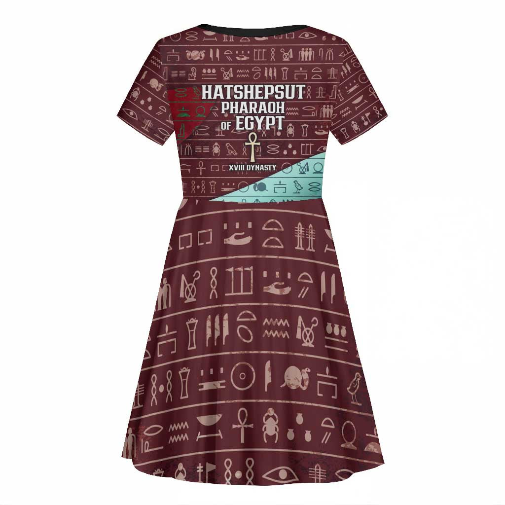 Hatshepsut Kid Short Sleeve Dress with Pharaoh Bust Illustration, Female Pharaoh Title and Egyptian Hieroglyph - African Pride
