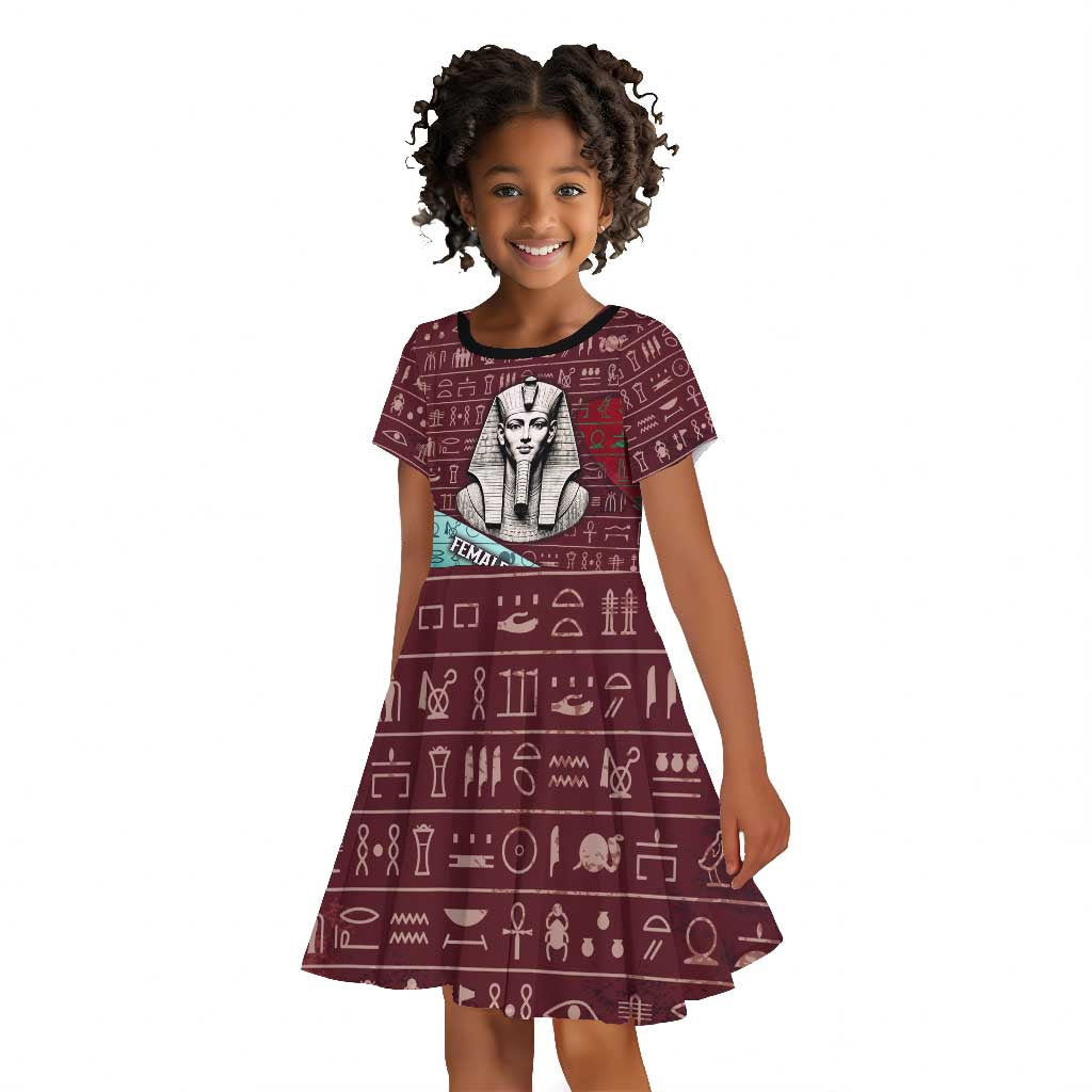 Hatshepsut Kid Short Sleeve Dress with Pharaoh Bust Illustration, Female Pharaoh Title and Egyptian Hieroglyph - African Pride