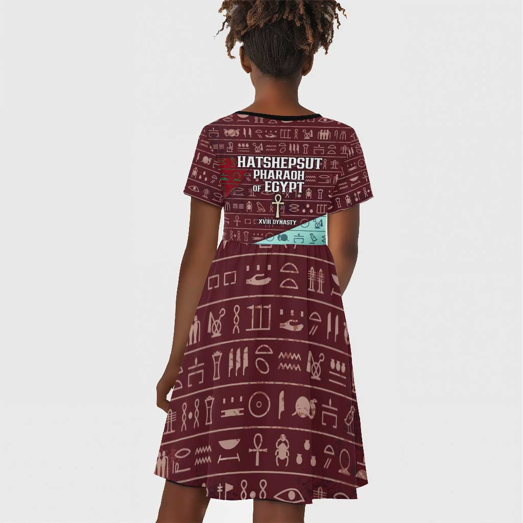 Hatshepsut Kid Short Sleeve Dress with Pharaoh Bust Illustration, Female Pharaoh Title and Egyptian Hieroglyph - African Pride