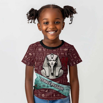 Hatshepsut Kid T shirt with Pharaoh Bust Illustration, Female Pharaoh Title and Egyptian Hieroglyph - African Pride