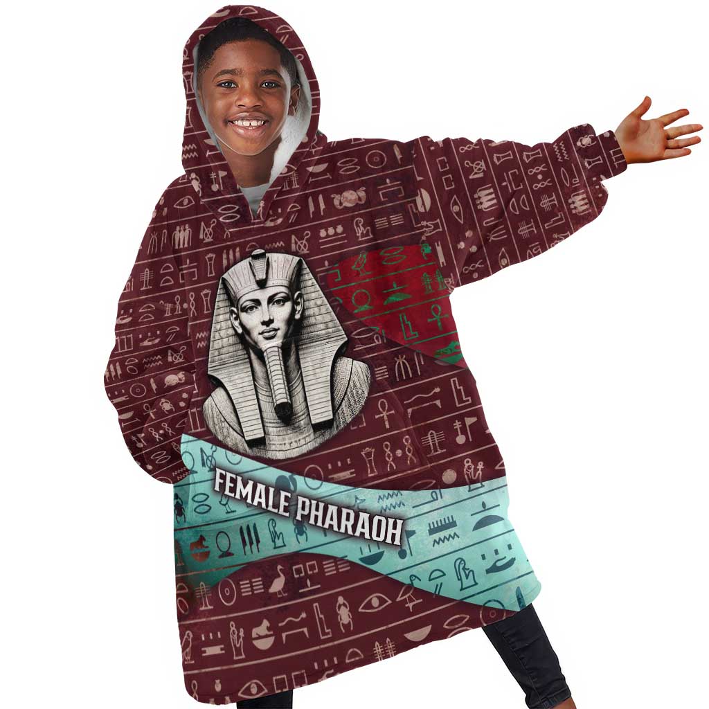 Hatshepsut Kid Wearable Blanket Hoodie with Pharaoh Bust Illustration, Female Pharaoh Title and Egyptian Hieroglyph - African Pride