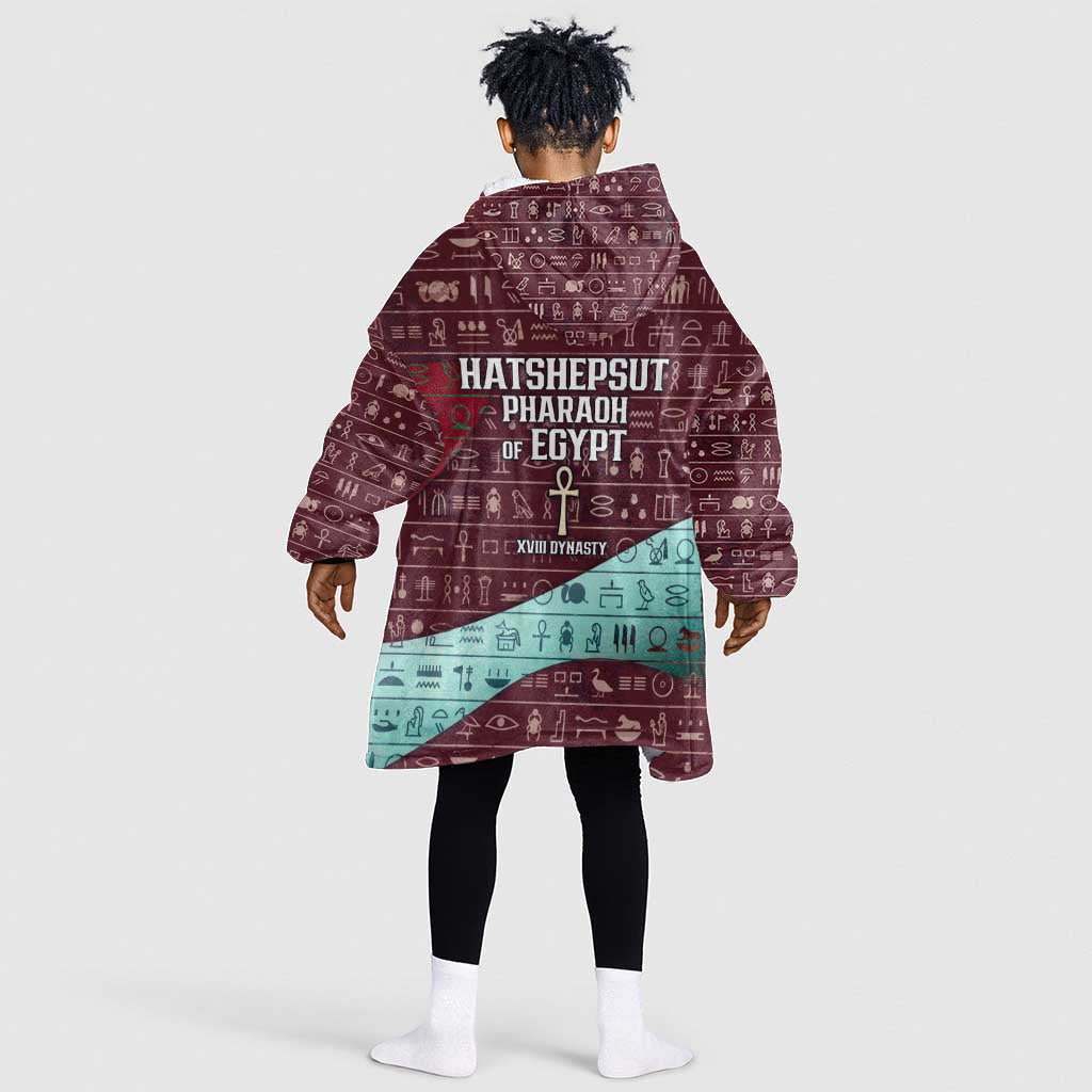 Hatshepsut Kid Wearable Blanket Hoodie with Pharaoh Bust Illustration, Female Pharaoh Title and Egyptian Hieroglyph - African Pride