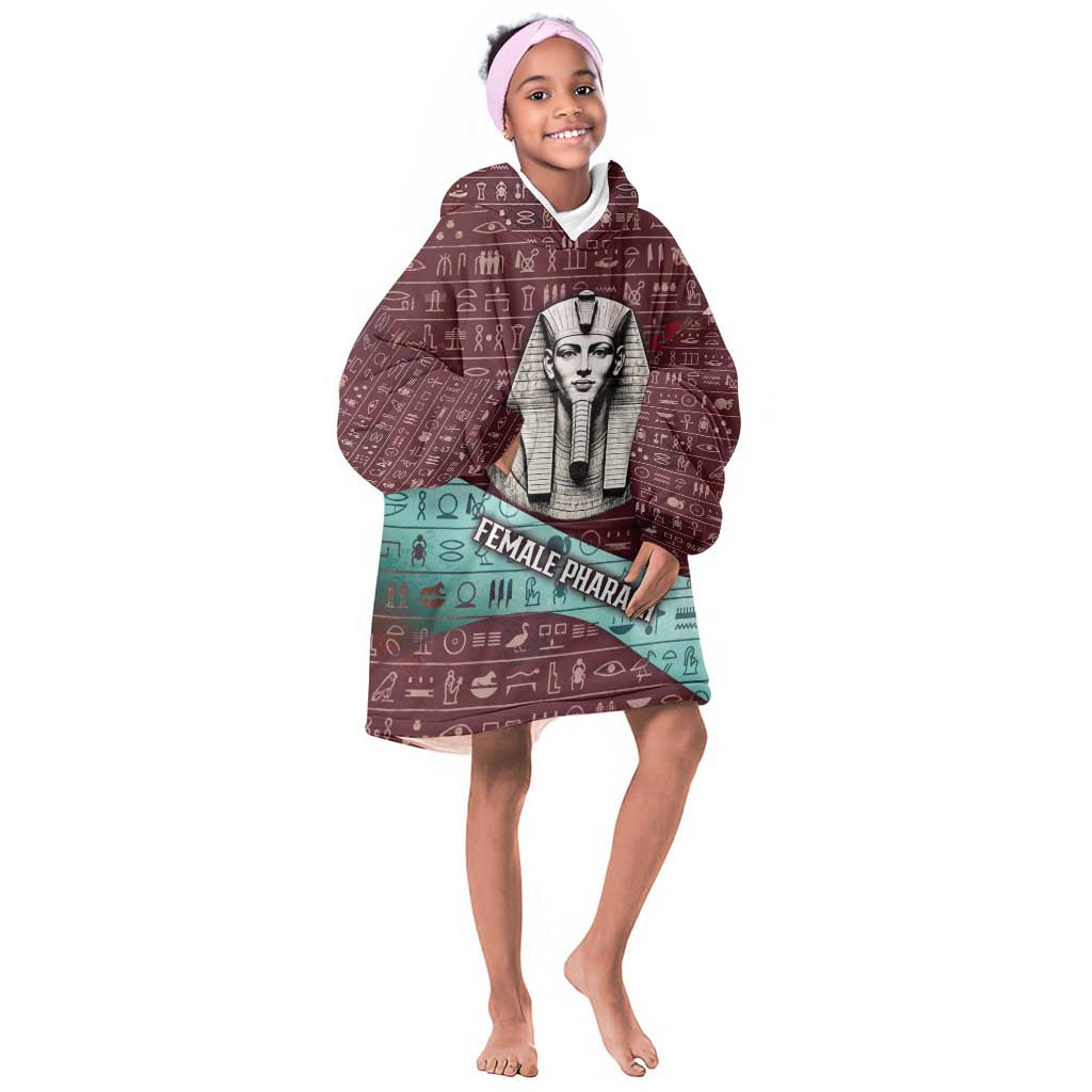Hatshepsut Kid Wearable Blanket Hoodie with Pharaoh Bust Illustration, Female Pharaoh Title and Egyptian Hieroglyph - African Pride