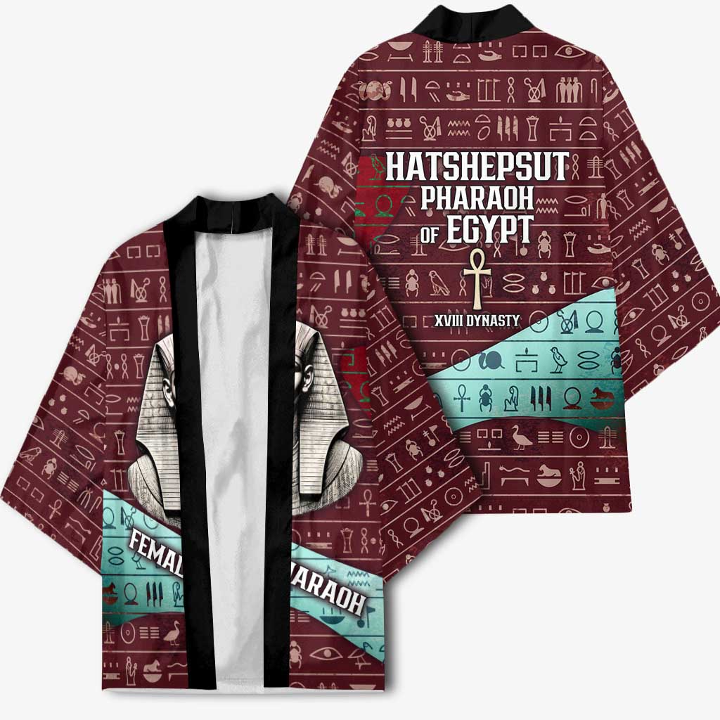 Hatshepsut Kimono with Pharaoh Bust Illustration, Female Pharaoh Title and Egyptian Hieroglyph - African Pride