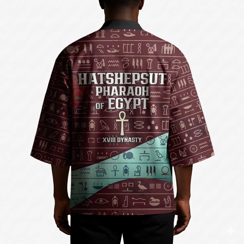 Hatshepsut Kimono with Pharaoh Bust Illustration, Female Pharaoh Title and Egyptian Hieroglyph - African Pride