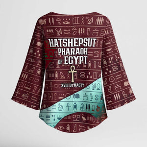 Hatshepsut Kimono Sleeve Blouse with Pharaoh Bust Illustration, Female Pharaoh Title and Egyptian Hieroglyph - African Pride