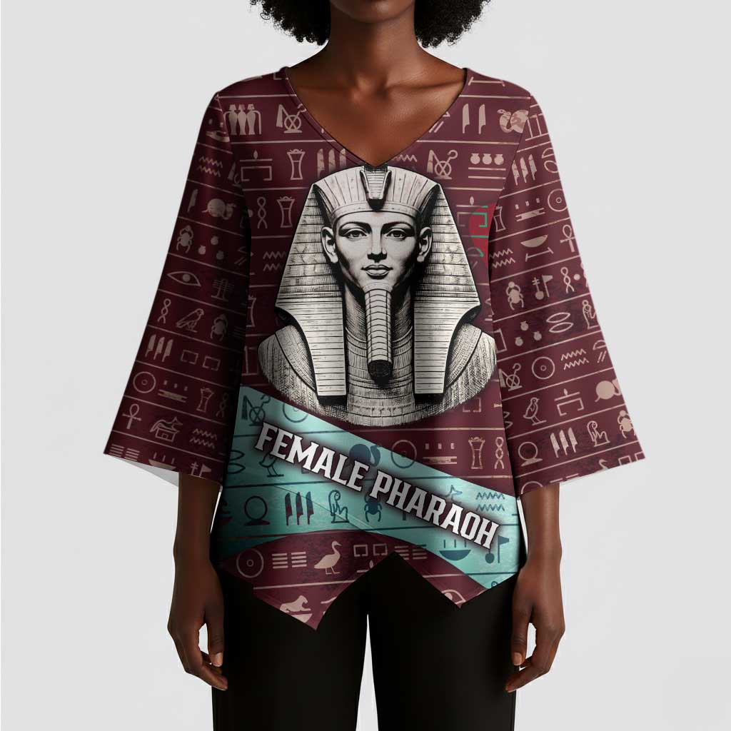 Hatshepsut Kimono Sleeve Blouse with Pharaoh Bust Illustration, Female Pharaoh Title and Egyptian Hieroglyph - African Pride