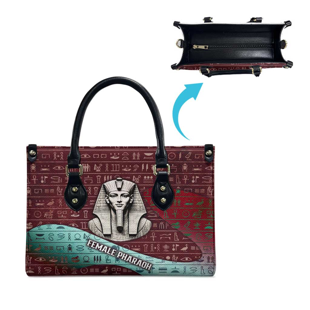 Hatshepsut Leather Bag with Pharaoh Bust Illustration, Female Pharaoh Title and Egyptian Hieroglyph - African Pride