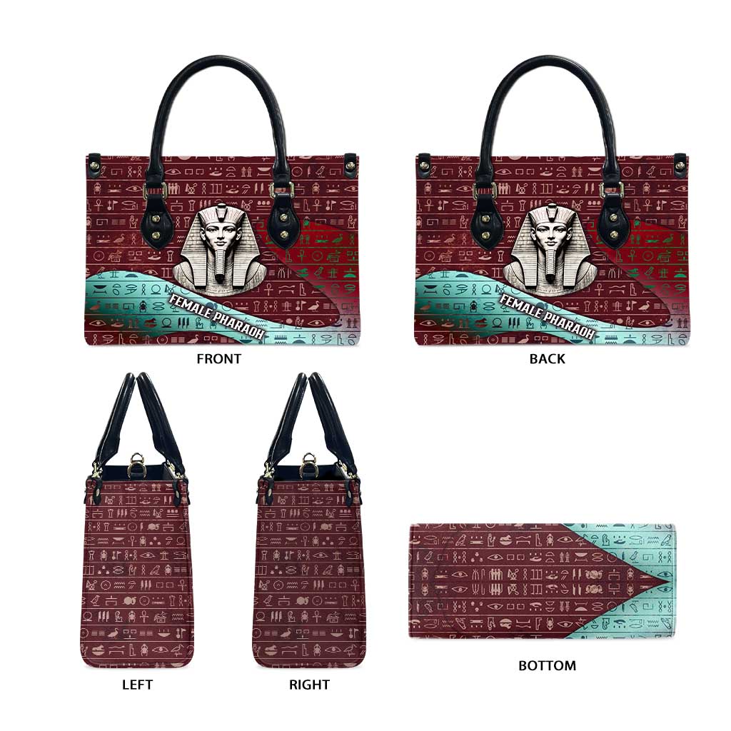 Hatshepsut Leather Bag with Pharaoh Bust Illustration, Female Pharaoh Title and Egyptian Hieroglyph - African Pride
