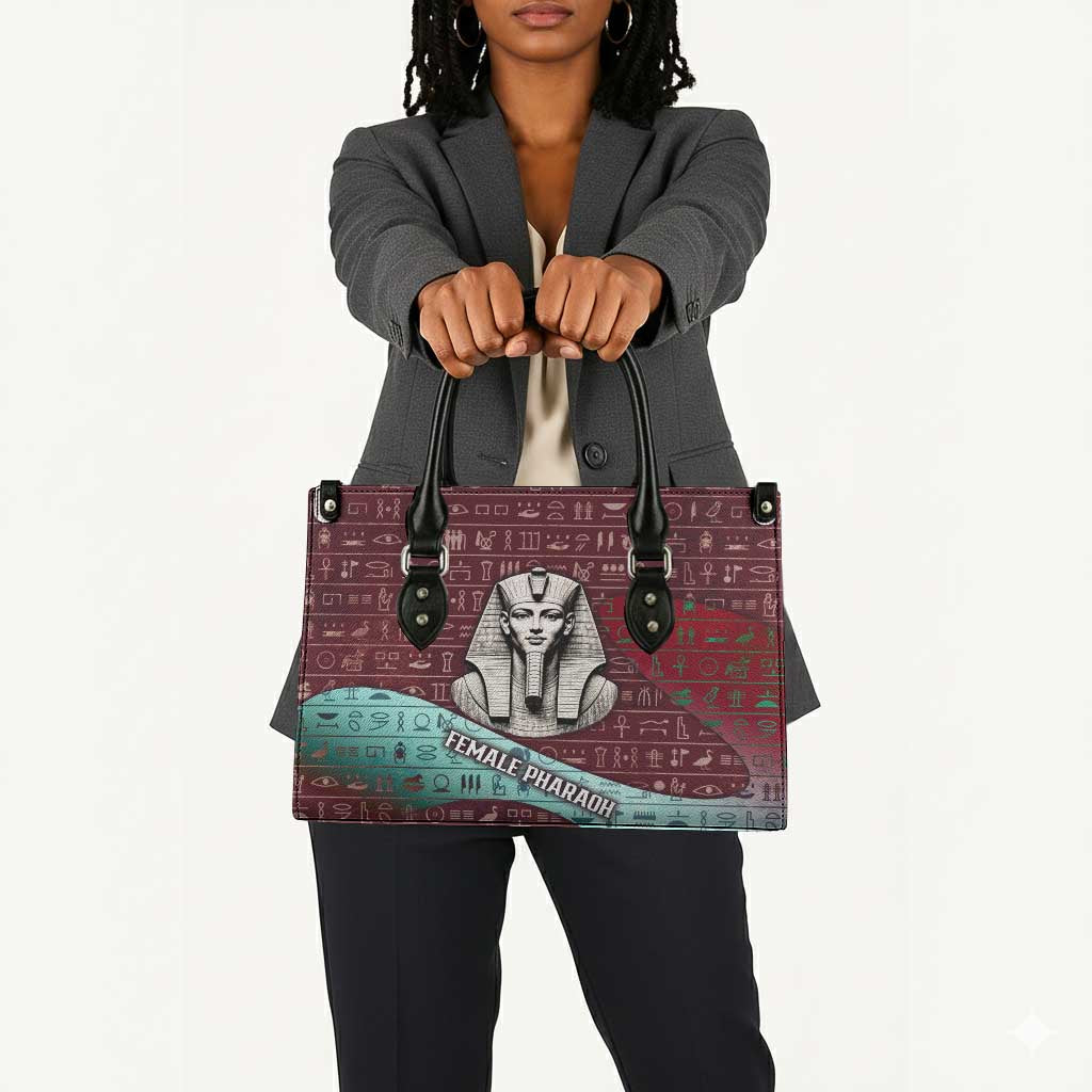 Hatshepsut Leather Bag with Pharaoh Bust Illustration, Female Pharaoh Title and Egyptian Hieroglyph - African Pride