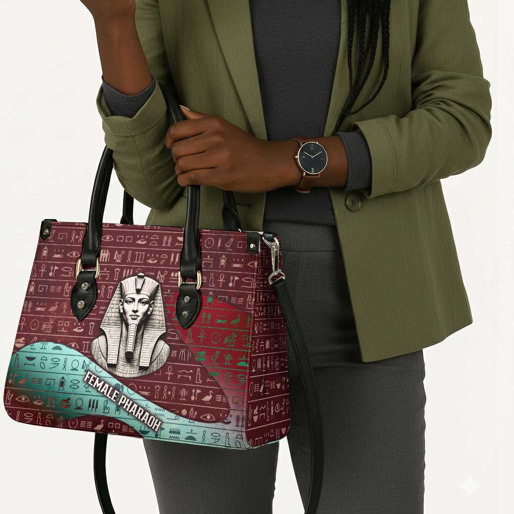 Hatshepsut Leather Bag with Pharaoh Bust Illustration, Female Pharaoh Title and Egyptian Hieroglyph - African Pride