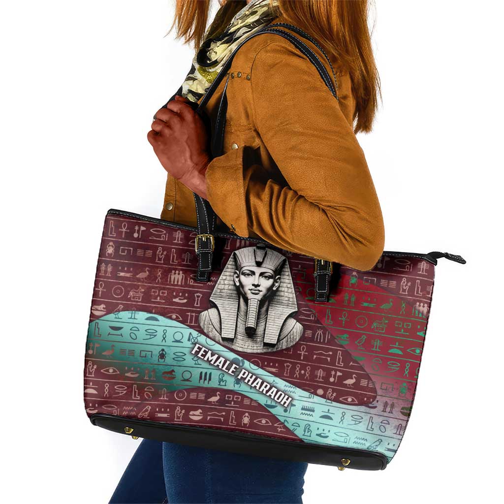 Hatshepsut Leather Tote Bag with Pharaoh Bust Illustration, Female Pharaoh Title and Egyptian Hieroglyph - African Pride
