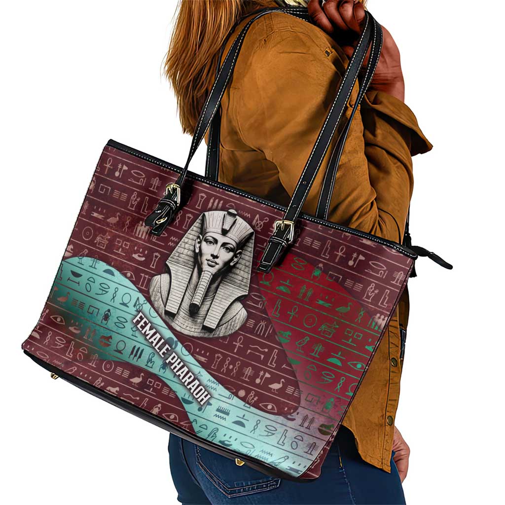Hatshepsut Leather Tote Bag with Pharaoh Bust Illustration, Female Pharaoh Title and Egyptian Hieroglyph - African Pride