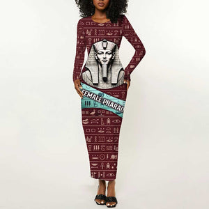 Hatshepsut Long Sleeve Bodycon Dress with Pharaoh Bust Illustration, Female Pharaoh Title and Egyptian Hieroglyph - African Pride
