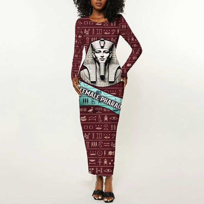 Hatshepsut Long Sleeve Bodycon Dress with Pharaoh Bust Illustration, Female Pharaoh Title and Egyptian Hieroglyph - African Pride