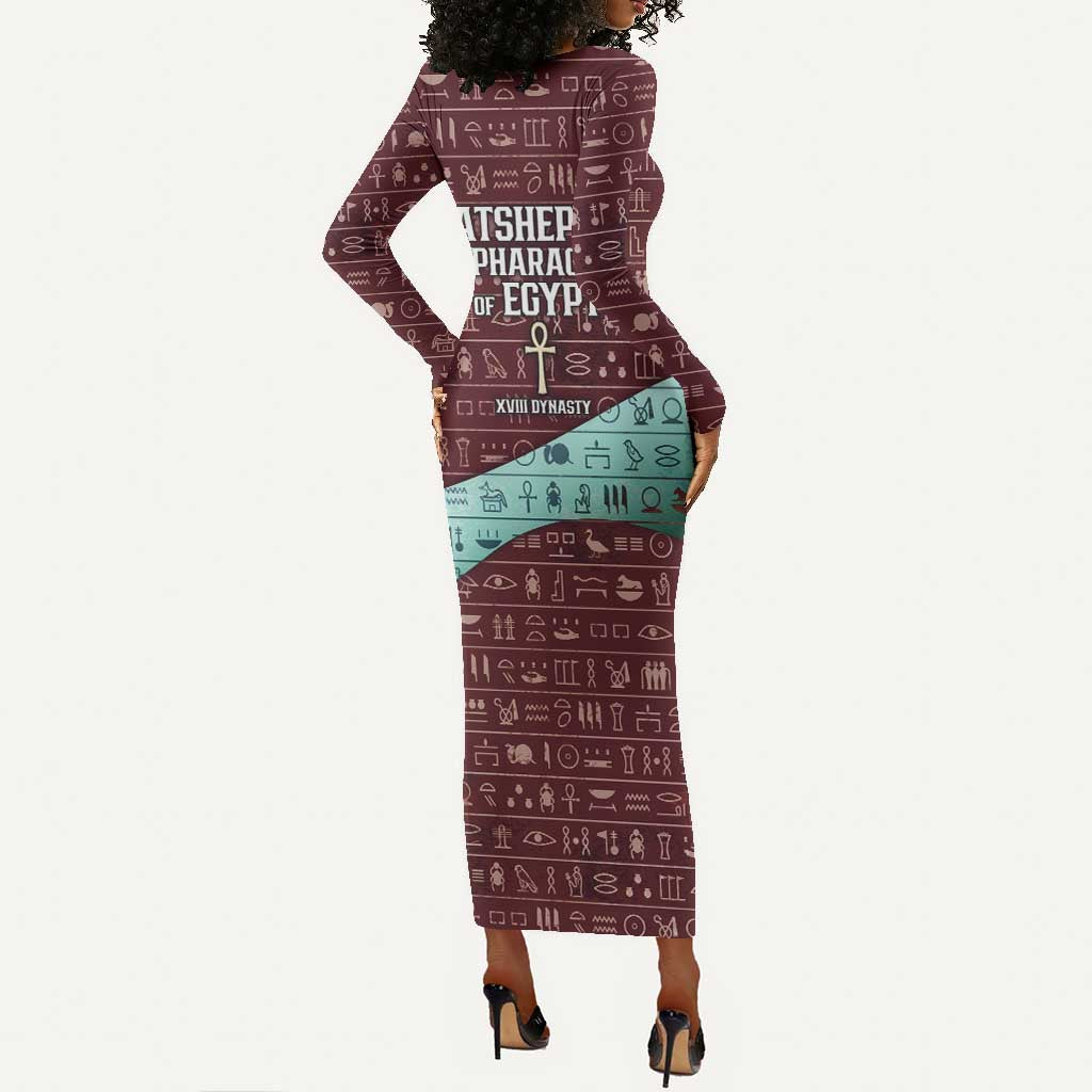 Hatshepsut Long Sleeve Bodycon Dress with Pharaoh Bust Illustration, Female Pharaoh Title and Egyptian Hieroglyph - African Pride