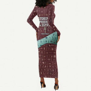 Hatshepsut Long Sleeve Bodycon Dress with Pharaoh Bust Illustration, Female Pharaoh Title and Egyptian Hieroglyph - African Pride