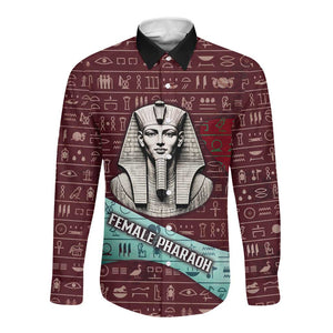 Hatshepsut Long Sleeve Button Shirt with Pharaoh Bust Illustration, Female Pharaoh Title and Egyptian Hieroglyph - African Pride