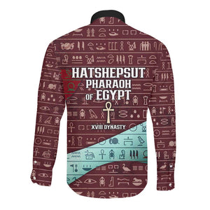 Hatshepsut Long Sleeve Button Shirt with Pharaoh Bust Illustration, Female Pharaoh Title and Egyptian Hieroglyph - African Pride