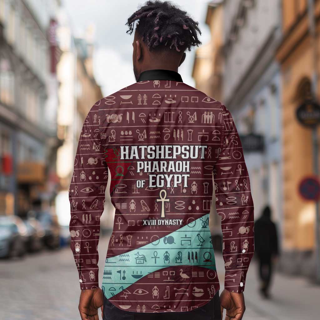 Hatshepsut Long Sleeve Button Shirt with Pharaoh Bust Illustration, Female Pharaoh Title and Egyptian Hieroglyph - African Pride