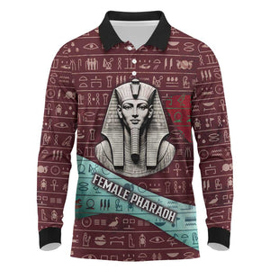 Hatshepsut Long Sleeve Polo Shirt with Pharaoh Bust Illustration, Female Pharaoh Title and Egyptian Hieroglyph - African Pride