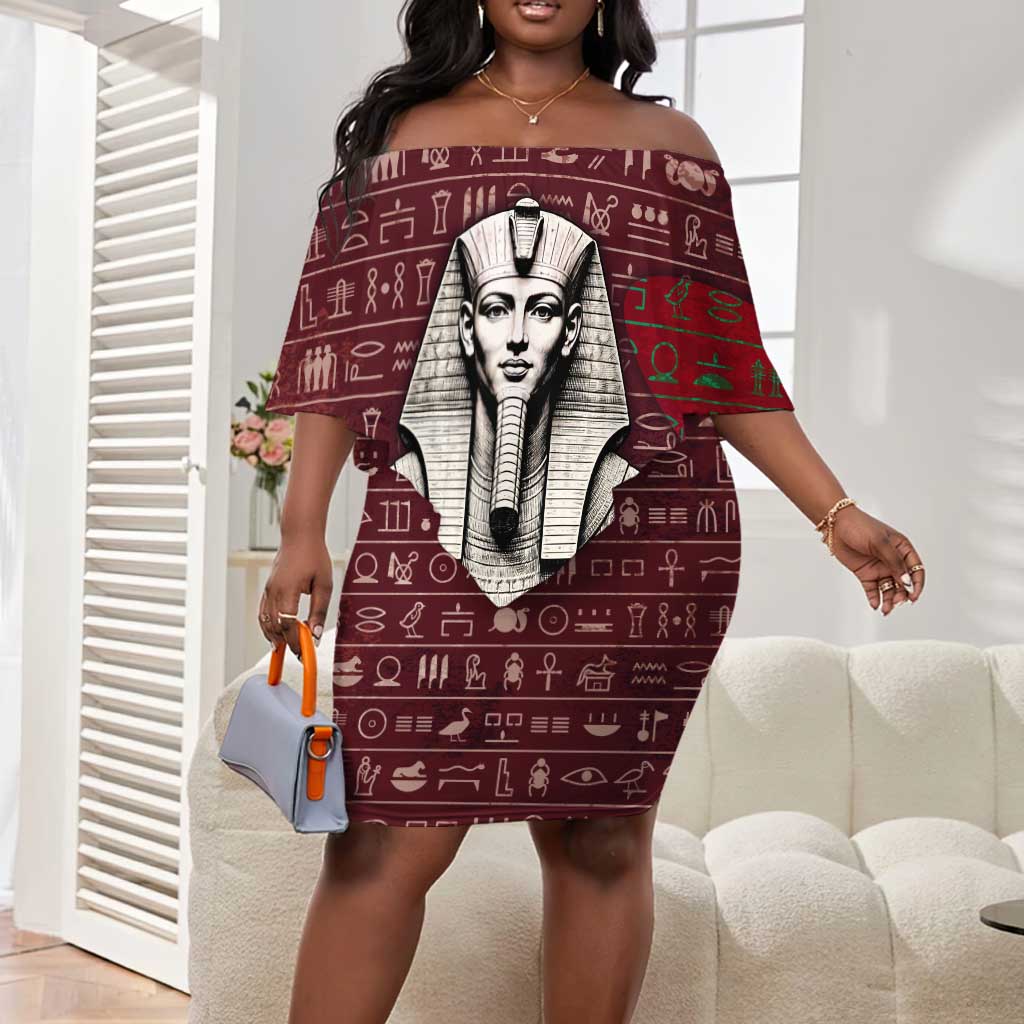 Hatshepsut Off Shoulder Short Dress with Pharaoh Bust Illustration, Female Pharaoh Title and Egyptian Hieroglyph - African Pride