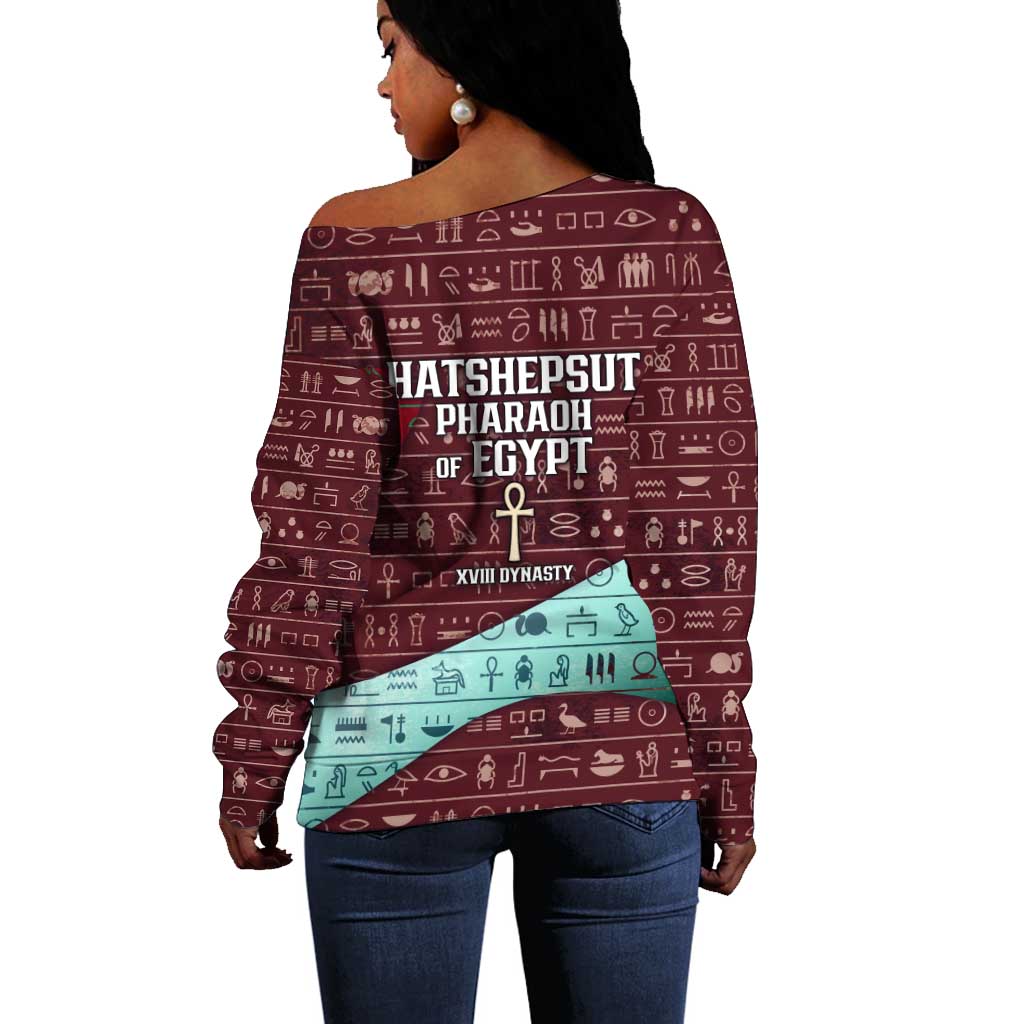 Hatshepsut Off Shoulder Sweater with Pharaoh Bust Illustration, Female Pharaoh Title and Egyptian Hieroglyph - African Pride