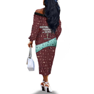 Hatshepsut Off The Shoulder Long Sleeve Dress with Pharaoh Bust Illustration, Female Pharaoh Title and Egyptian Hieroglyph - African Pride