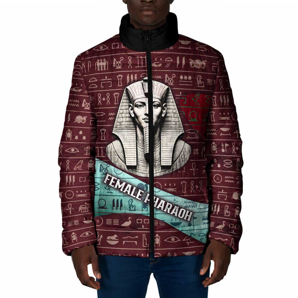 Hatshepsut Padded Jacket with Pharaoh Bust Illustration, Female Pharaoh Title and Egyptian Hieroglyph - African Pride