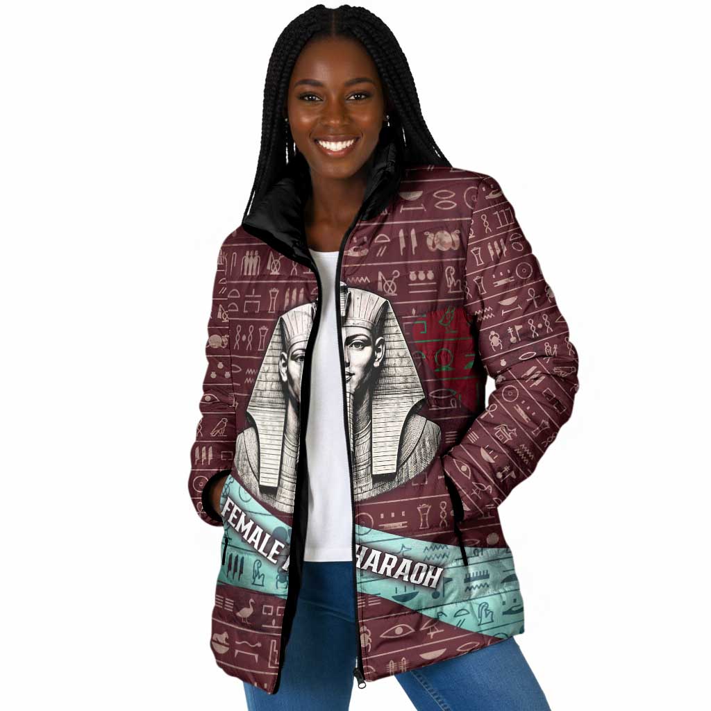 Hatshepsut Padded Jacket with Pharaoh Bust Illustration, Female Pharaoh Title and Egyptian Hieroglyph - African Pride
