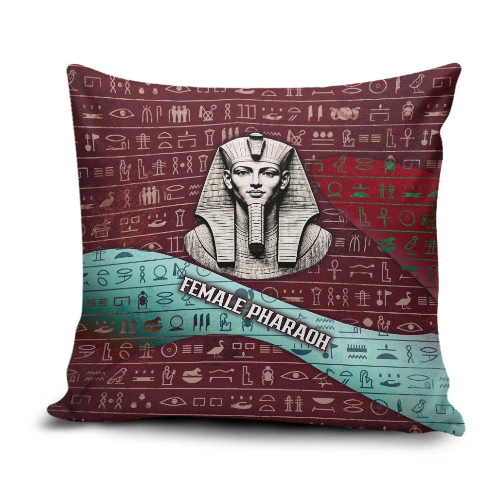 Hatshepsut Pillow Cover with Pharaoh Bust Illustration, Female Pharaoh Title and Egyptian Hieroglyph - African Pride