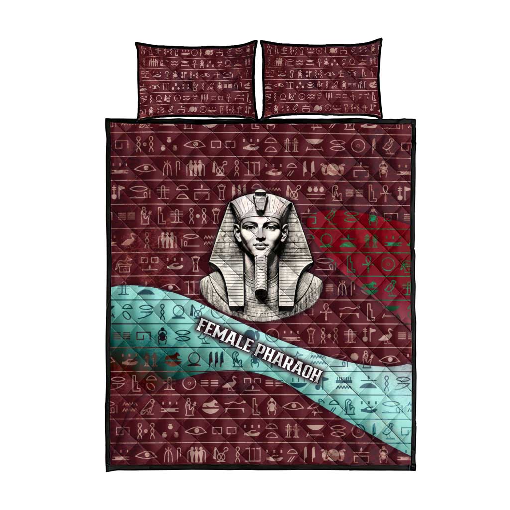 Hatshepsut Quilt Bed Set with Pharaoh Bust Illustration, Female Pharaoh Title and Egyptian Hieroglyph - African Pride