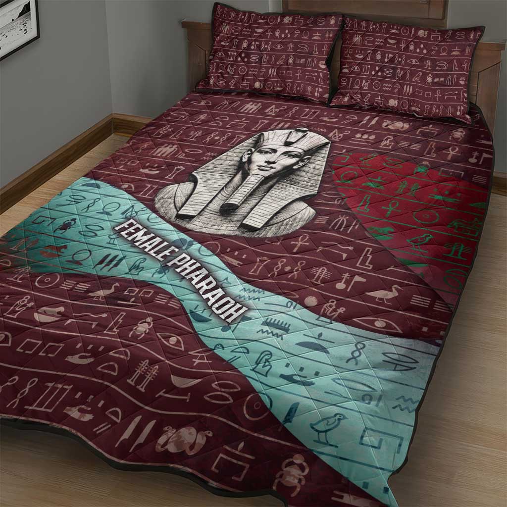Hatshepsut Quilt Bed Set with Pharaoh Bust Illustration, Female Pharaoh Title and Egyptian Hieroglyph - African Pride