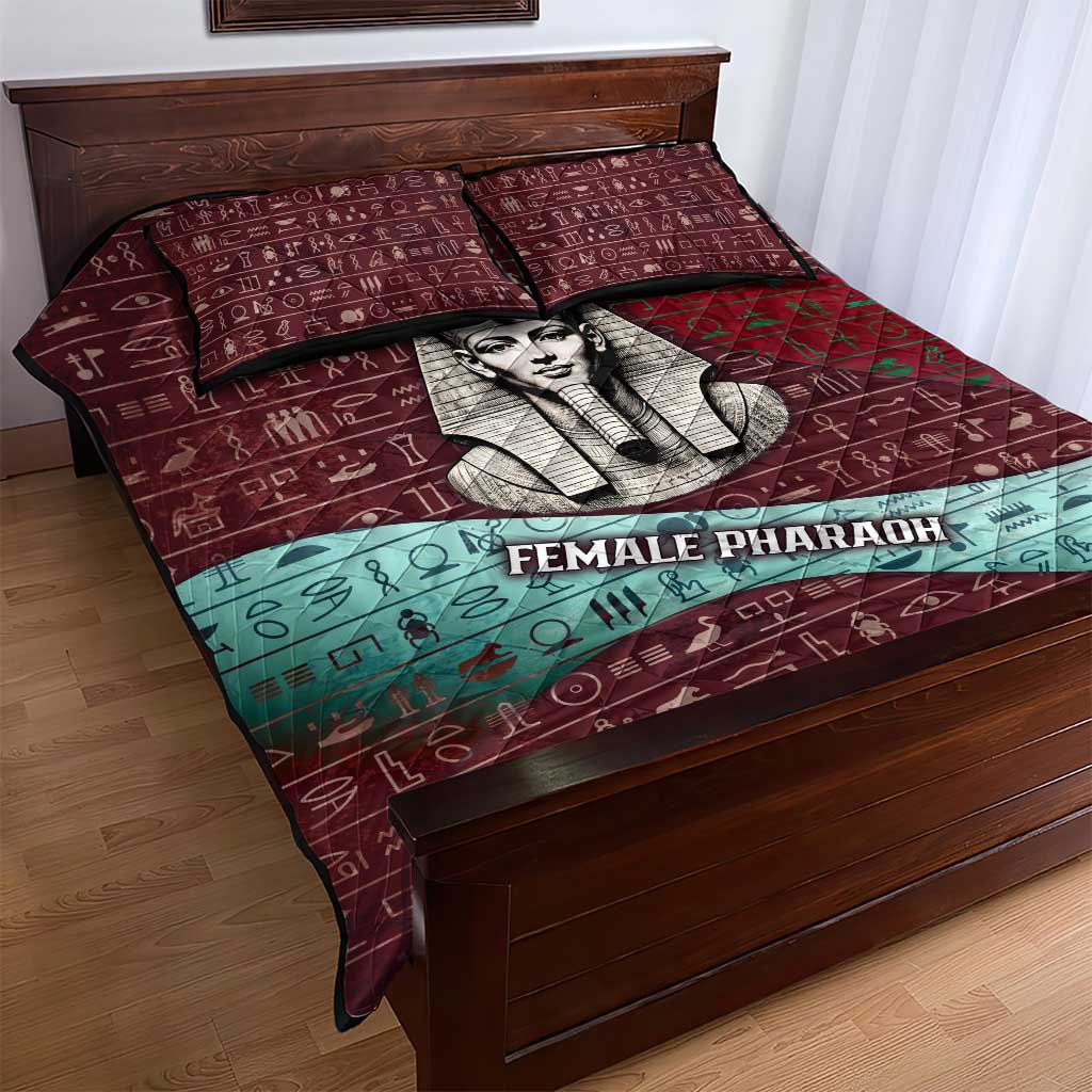 Hatshepsut Quilt Bed Set with Pharaoh Bust Illustration, Female Pharaoh Title and Egyptian Hieroglyph - African Pride