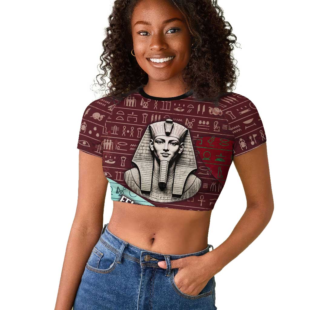 Hatshepsut Raglan Cropped T shirt with Pharaoh Bust Illustration, Female Pharaoh Title and Egyptian Hieroglyph - African Pride