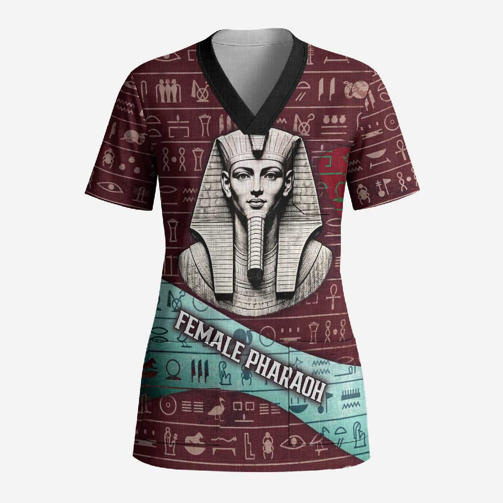 Hatshepsut Scrub Top with Pharaoh Bust Illustration, Female Pharaoh Title and Egyptian Hieroglyph - African Pride