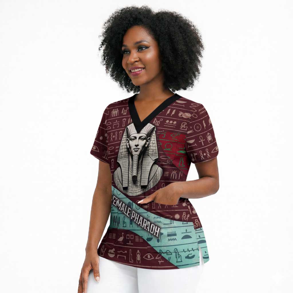 Hatshepsut Scrub Top with Pharaoh Bust Illustration, Female Pharaoh Title and Egyptian Hieroglyph - African Pride