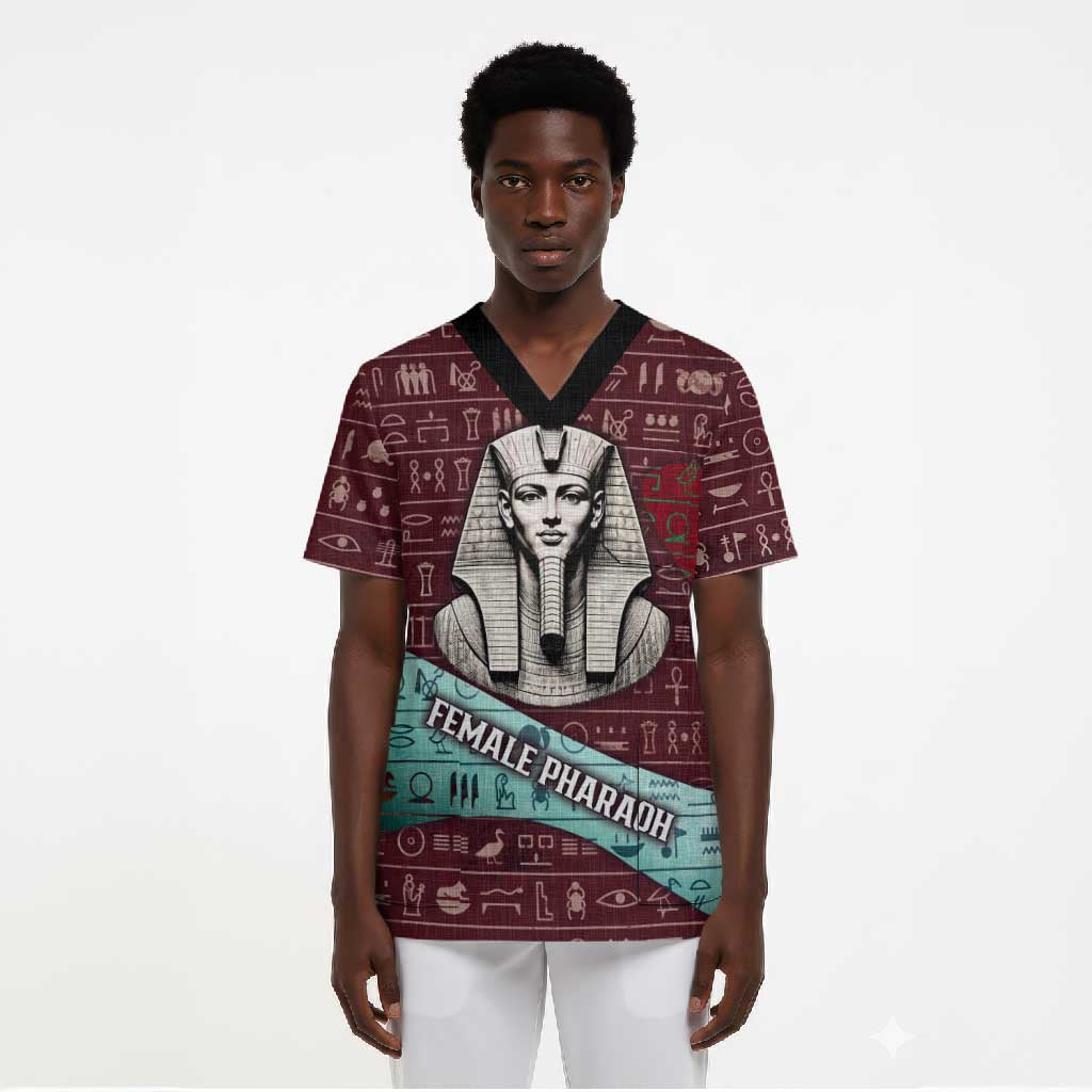 Hatshepsut Scrub Top with Pharaoh Bust Illustration, Female Pharaoh Title and Egyptian Hieroglyph - African Pride