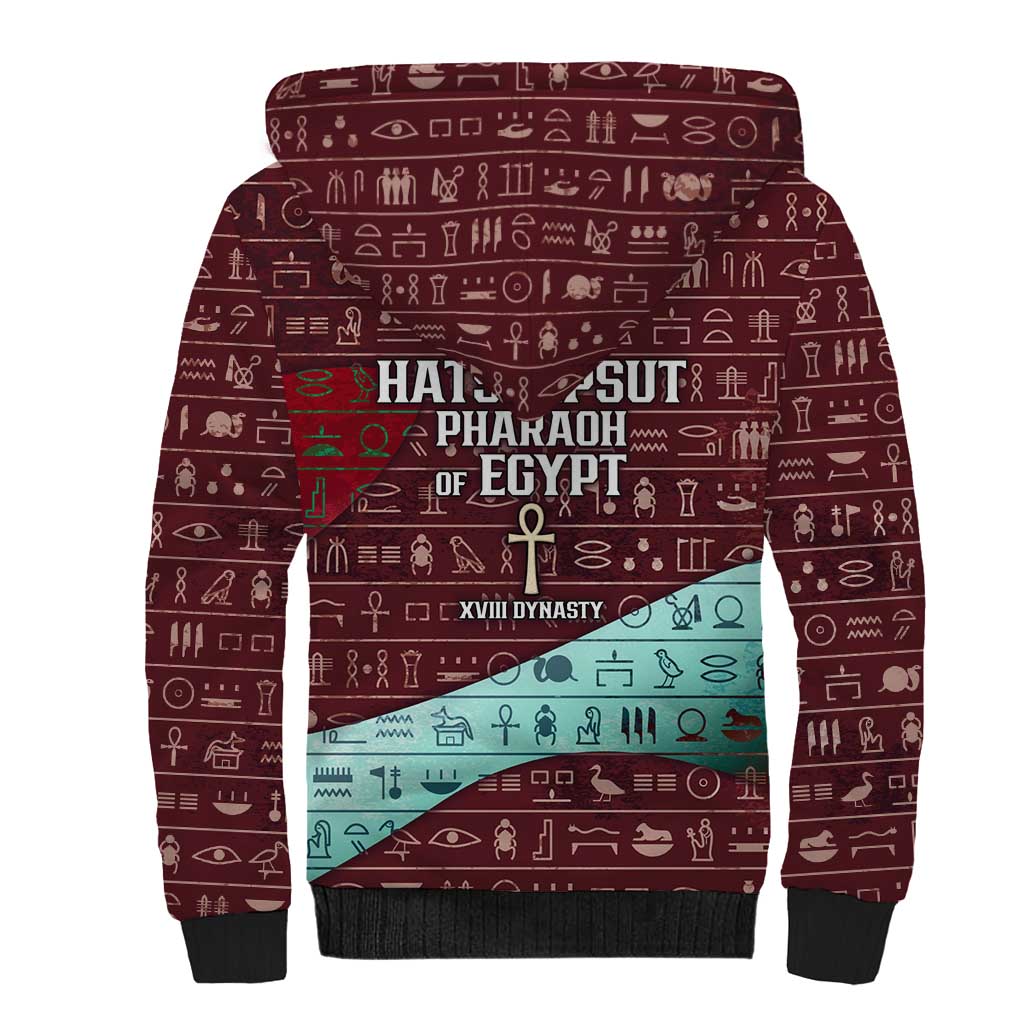 Hatshepsut Sherpa Hoodie with Pharaoh Bust Illustration, Female Pharaoh Title and Egyptian Hieroglyph - African Pride