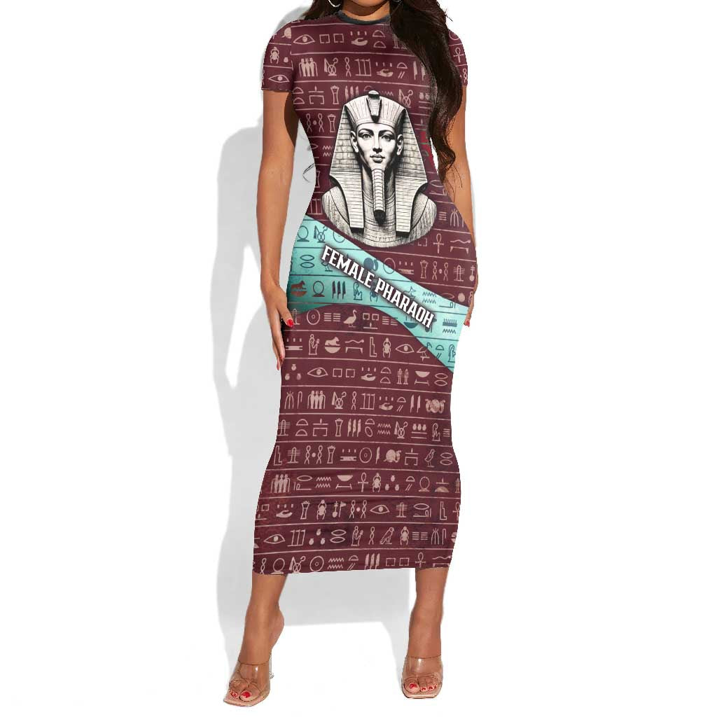 Hatshepsut Short Sleeve Bodycon Dress with Pharaoh Bust Illustration, Female Pharaoh Title and Egyptian Hieroglyph - African Pride