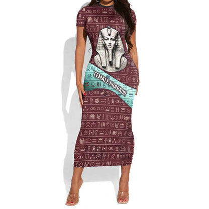 Hatshepsut Short Sleeve Bodycon Dress with Pharaoh Bust Illustration, Female Pharaoh Title and Egyptian Hieroglyph - African Pride